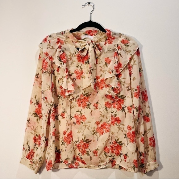 OAK + FORT Floral Sheer Ruffle Balloon Long Sleeve Pink Cream Blouse Bow Tie SM - Picture 2 of 8